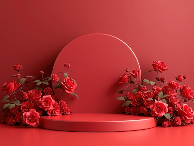 Romantisches rotes 3D-Podium mit Rosen für die Produktpräsentation zum Valentinstag