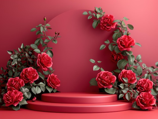 Romantisches rotes 3D-Podium mit Rosen für die Produktpräsentation zum Valentinstag