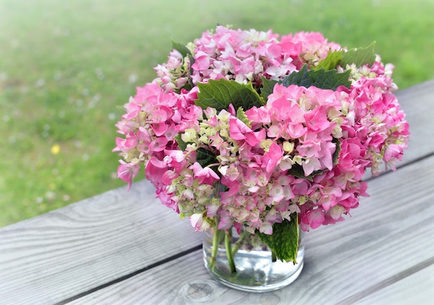 Romantisches rundes Bouquet der rosa Hortensie in einer Glasvase, die auf einen Tisch im Garten gestellt wird