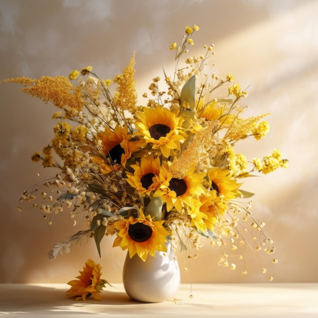 Romantisches Sonnenblumenarrangement mit getrockneten Blumen in einer weißen Vase