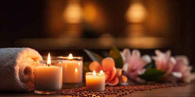 Romantisches Spa, gemütliche Atmosphäre, Kerze, verschwommen, hellrosa Blumen, entspannender Salon