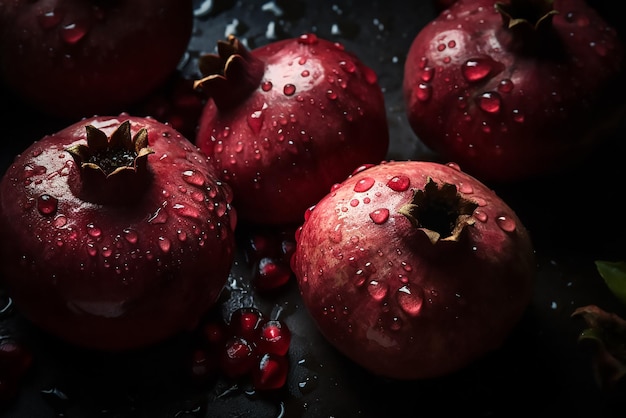 Romãs com gotas de água em um fundo preto