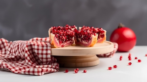 Romãs em um bolo de madeira fica com um guardanapo vermelho sobre a mesa.