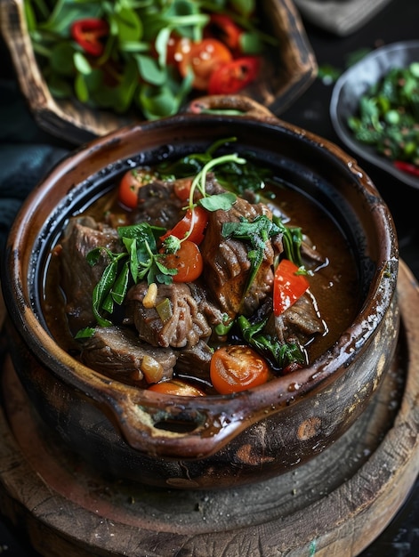 Foto romazava malgache un estofado tradicional de carne de res con verduras mezcladas y tomates servido en una olla de arcilla un plato sabroso de madagascar