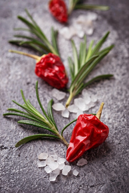 Romero, sal marina y pimiento rojo.