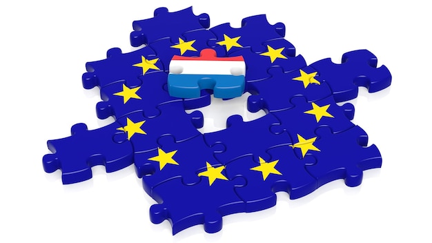 Rompecabezas de la bandera de la Unión Europea con la pieza de la bandera holandesa aislada en blanco