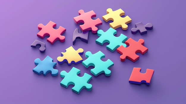 Un rompecabezas de colores inacabado sobre un fondo púrpura con piezas de rompecabezes isométricas Ilustración de la comunicación de trabajo en equipo y la resolución de problemas