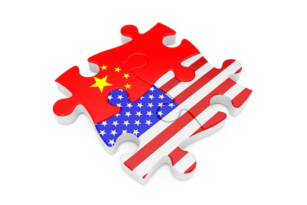 Rompecabezas de cooperación de Estados Unidos y China como banderas sobre un fondo blanco. Representación 3D