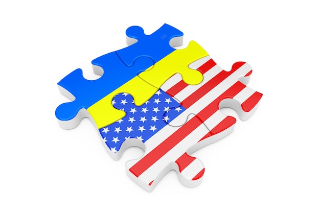 Rompecabezas de cooperación de Estados Unidos y Ucrania como banderas sobre un fondo blanco. Representación 3D