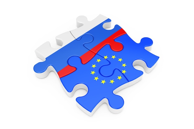 Rompecabezas de cooperación de la Unión Europea y Rusia como banderas sobre un fondo blanco. Representación 3D