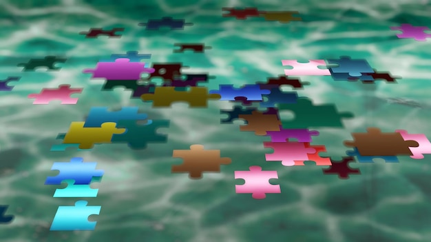 Rompecabezas de cromo coloridos están cayendo a la superficie del mar esmeralda 3D Rendering