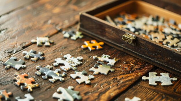 Foto un rompecabezas esparcido en una antigua mesa de madera a medio montar simboliza el desafío desconcertante de resolver los misterios de la vida