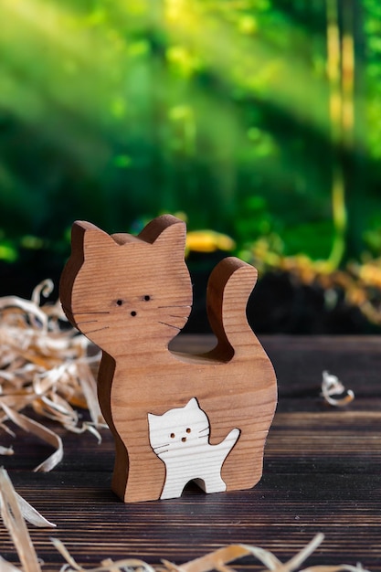 Rompecabezas de madera en forma de familia de gatos hechos a mano en el fondo del bosque.