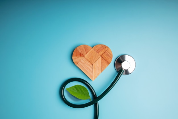 Rompecabezas de madera natural en forma de corazón con estetoscopio y hoja que parece una planta de flores Crecimiento de amor y relación