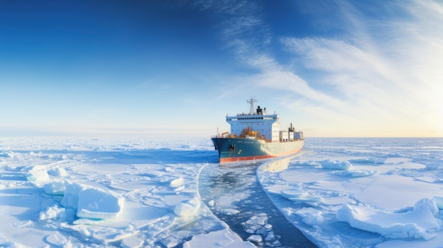 El rompehielos va por el mar entre el hielo azul