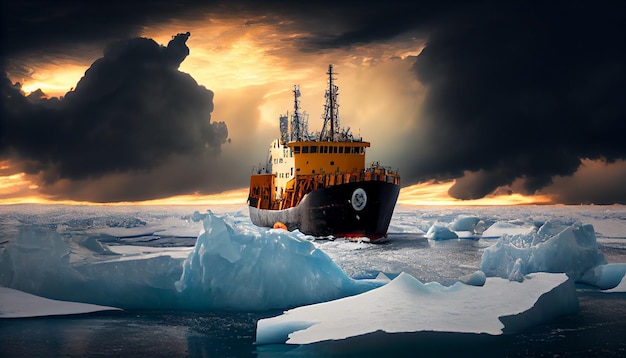Rompehielos rompe montículos de hielo y témpanos de hielo en el Océano Ártico Generate Ai