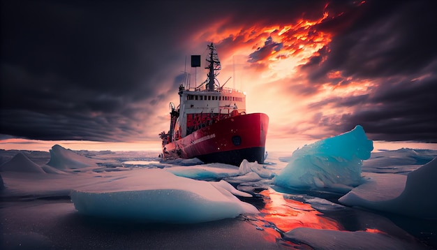 Rompehielos rompe montículos de hielo y témpanos de hielo en el Océano Ártico Generate Ai