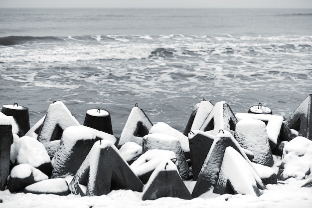 Rompeolas de hormigón cubiertos de nieve contra el mar de invierno. Protección costera en la nieve