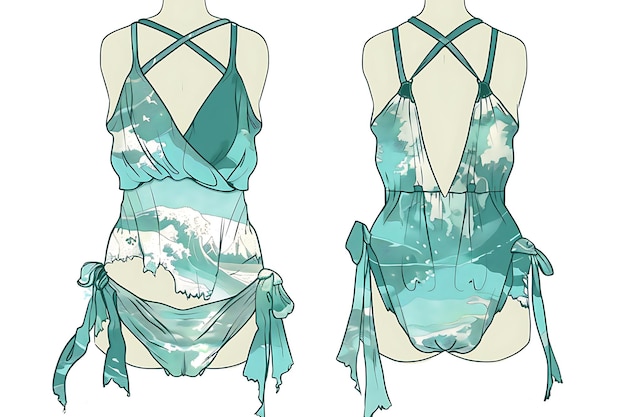 Romper de ropa 2D con serigrafía de seda escenas de playa etéreas envolver concepto de moda idea diseño artístico