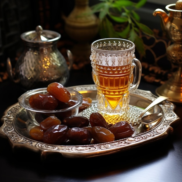 Rompiendo el ayuno con dátiles secos durante el Ramadán Kareem comida de Iftar con dátiles y té árabe en el ángulo de vidrio tradicional vista en el fondo azul rústico fiesta musulmana