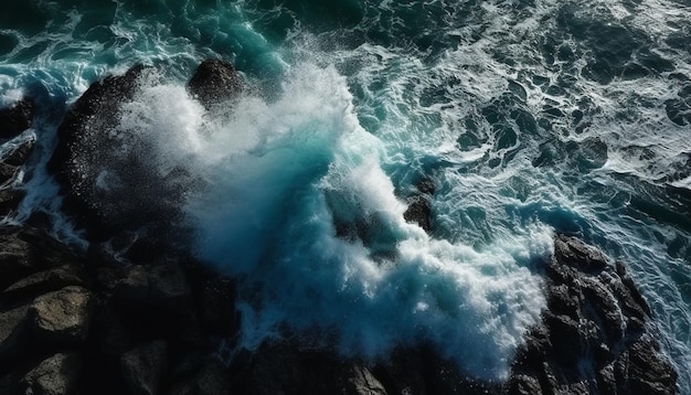 Rompiendo olas rocían espuma en la costa rocosa generada por IA