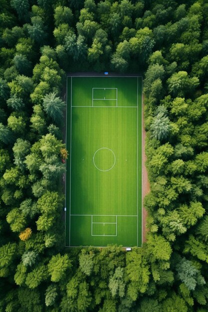 Rone vista de arriba hacia abajo del hermoso campo de fútbol shcool en verano bosque caducifolios