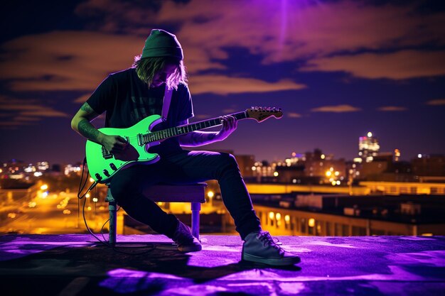Foto rooftop riffs guitarrista urban rebel em meio ao crepúsculo da cidade neon