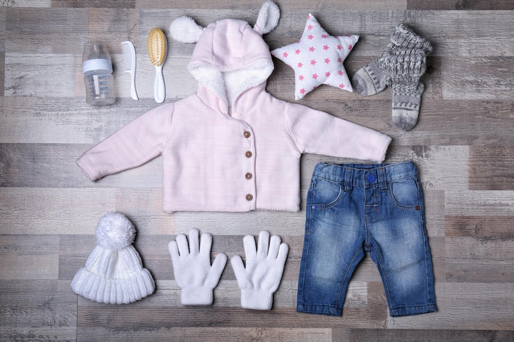 Foto ropa y accesorios para bebés con fondo de madera