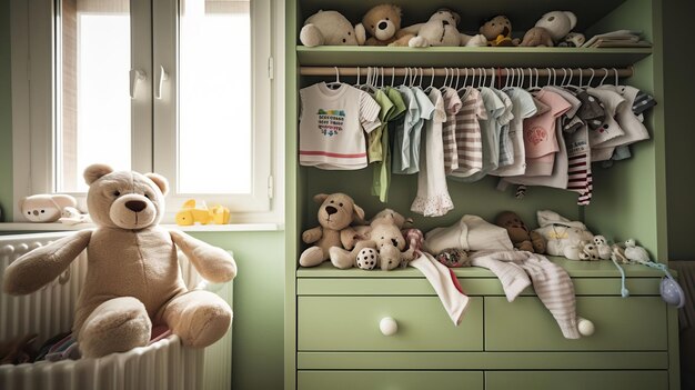 Foto ropa de bebé y cascabel en la cómoda de madera en la habitación de los niños