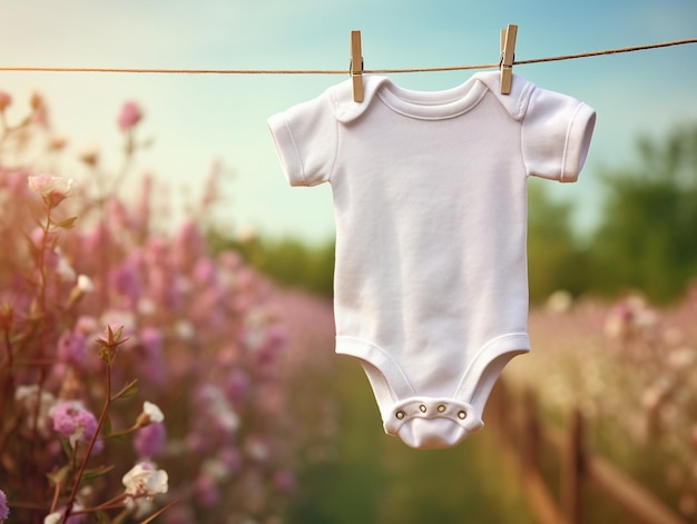 Foto ropa de bebé colgando de un cordón de la ropa con un cielo azul en el fondo.