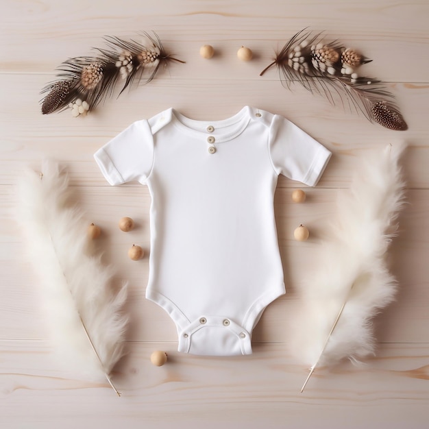 Ropa de bebé de estilo boho maquete de ropa de bebé blanca de género neutro en fondo neutro