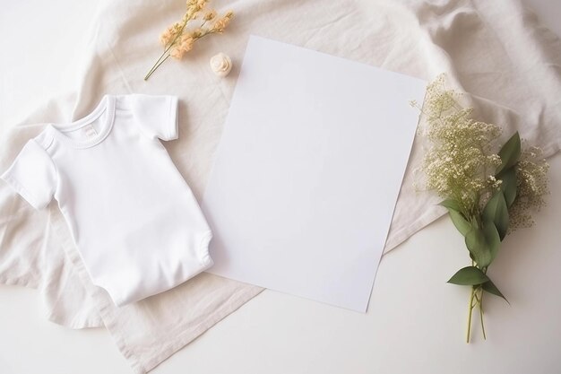 Una ropa de bebé sobre una mesa blanca junto a un ramo de flores