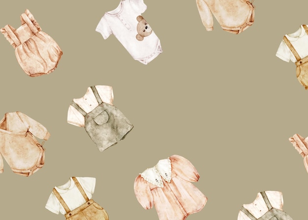 Ropa para bebés en estilo retro Diseño de postales para tiendas de ropa para bebés Ateliers Ilustración de acuarela aislada en beige pastel Clipart dibujado a mano