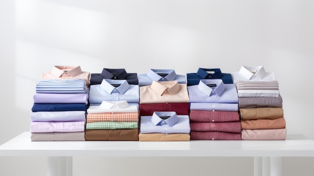 ropa bien plegada camisas de colores variados suéteres y pantalones en una mesa contra un fondo de pared blanca nítida un primer plano con un amplio espacio de copia