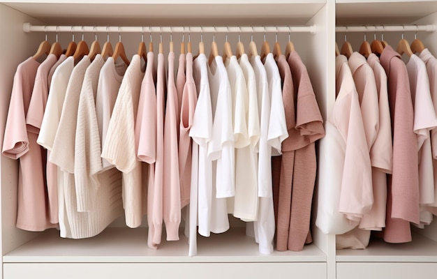 la ropa blanca beige y rosa yacía en los estantes y colgaba en colgadores de madera en un gran armario de madera blanca