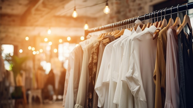 ropa en colgadores en una tienda con espacio de copia