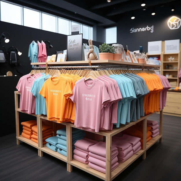 Ropa de colores expuesta en estantes de madera en una tienda