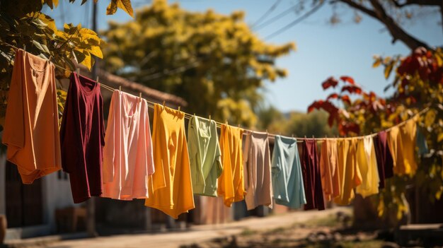 Foto ropa de colores se seca en una cuerda de ropa en el patio afuera a la luz del sol