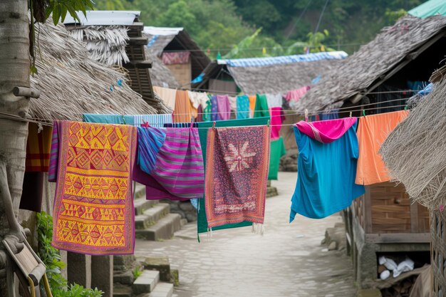 Foto ropa de colores secándose en líneas entre chozas