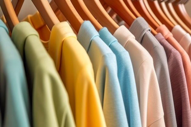 Ropa colorida en un estante de ropa armario de colores pastel en una tienda de compras o dormitorio elección de ropa de color arcoíris en perchas Imagen de concepto de armario doméstico Generativo AI