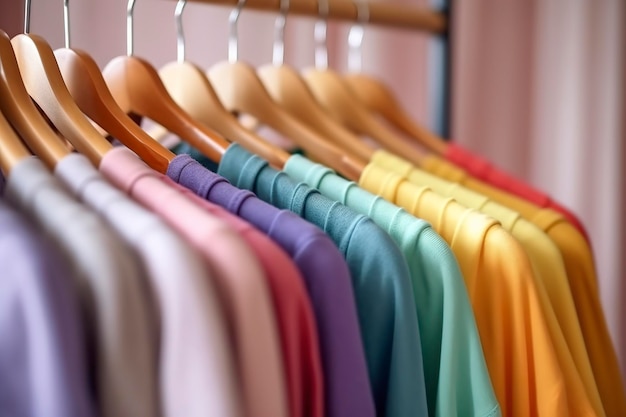 Ropa colorida en un estante de ropa armario de colores pastel en una tienda de compras o dormitorio elección de ropa de color arcoíris en perchas Imagen de concepto de armario doméstico Generativo AI