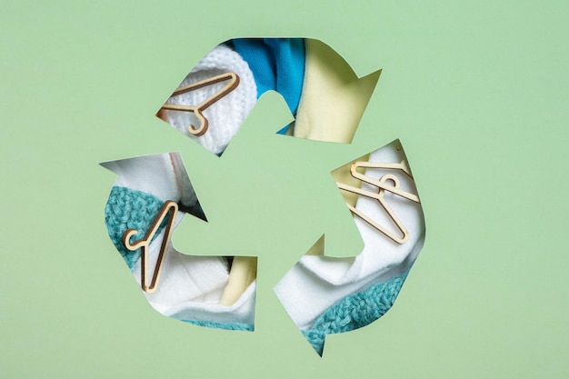 Ropa colorida y mini hambres bajo el símbolo de reciclaje de corte de papel Concepto de reciclaje y donación de ropa de segunda mano