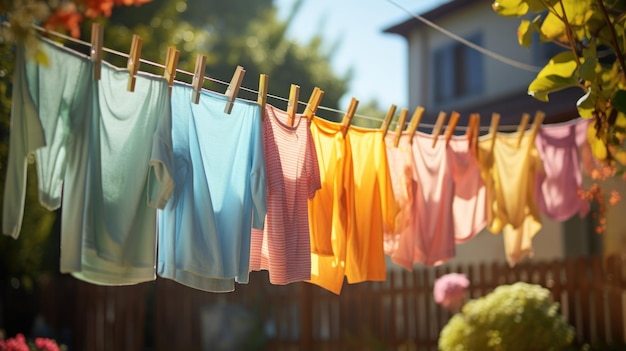 La ropa colorida de los niños se seca en la cuerda de la ropa en el jardín afuera en el sol