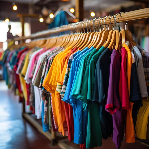 Foto ropa colorida y vibrante colgada en una pequeña tienda de comercio minorista concepto de reducción, reutilización y reciclaje