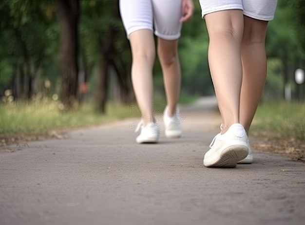Ropa de dama en jeans y zapatos para caminar caminando por la carretera del campo el domingo bajo el cielo azul