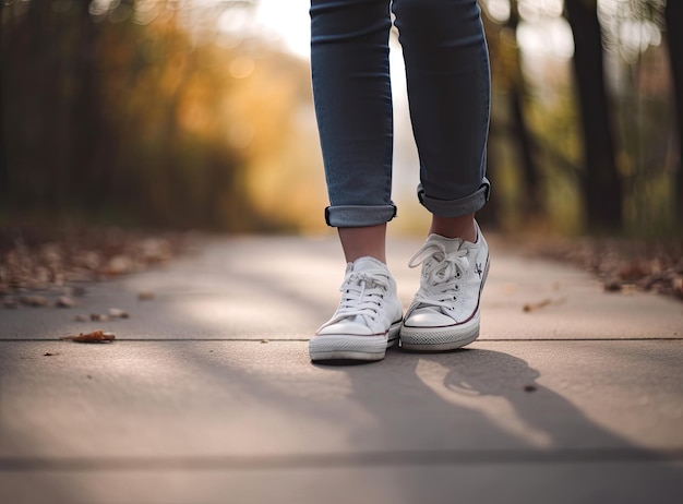 Ropa de dama en jeans y zapatos para caminar caminando por la carretera del campo el domingo bajo el cielo azul