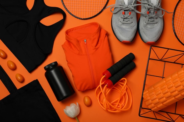 Foto ropa deportiva con flores sobre un fondo naranja