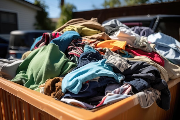 Ropa descuidada amontonada en un contenedor en la acera Soncept Donación de ropa Mala gestión Crisis de residuos textiles Alternativas de eliminación de ropa Los beneficios de donar ropa