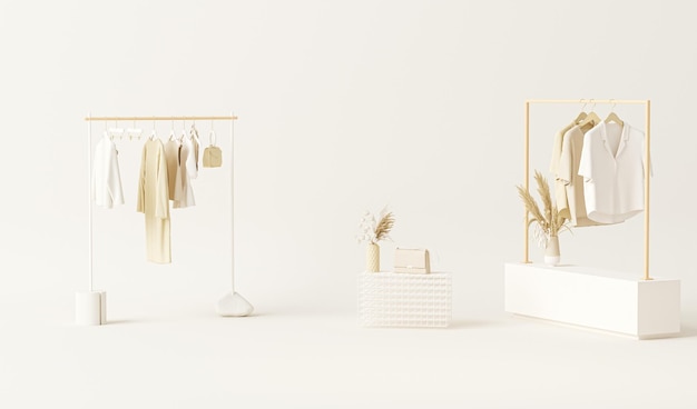 Ropa en estante maniquí de maceta de flores secas sobre fondo blanco Colección de ropa renderizado 3d