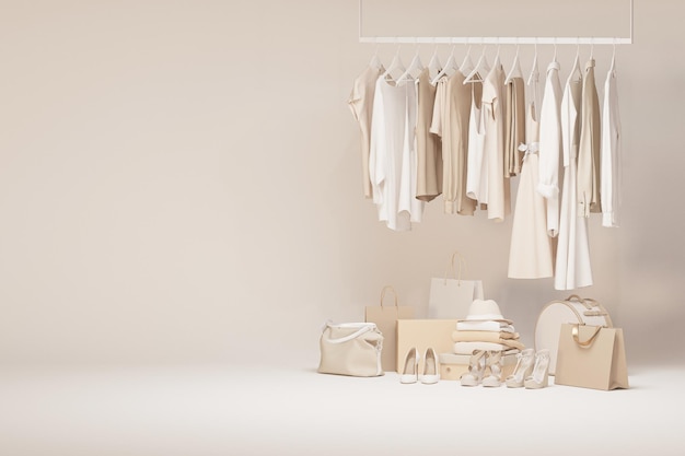 Ropa en el estante y un perchero sobre fondo beige y pastel para la tienda de redes sociales 3D Render